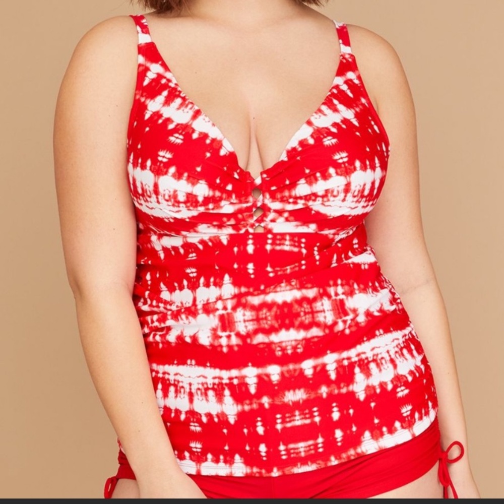 Cacique Red Tie Dye tankini top- solid red bottoms
